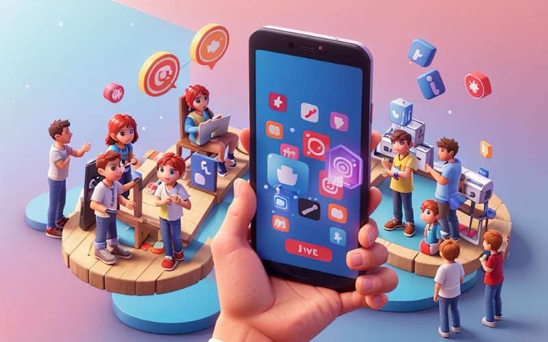 A person holding a smartphone displaying social icons. Stay connected with friends and family on various social media platforms