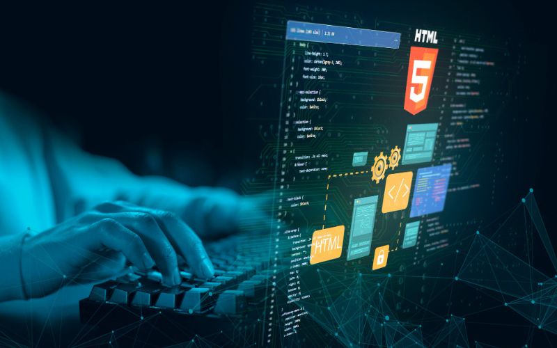 A collage of coding languages and technologies: HTML, CSS, PHP, JavaScript, and jQuery, used in web development.