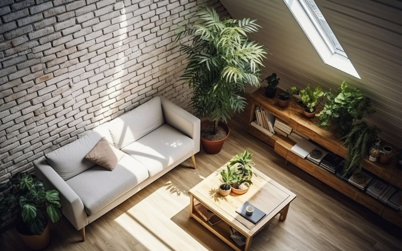 Top-down perspective of a living room showcasing a comfortable couch, green plants, and sunlight filtering through windows.