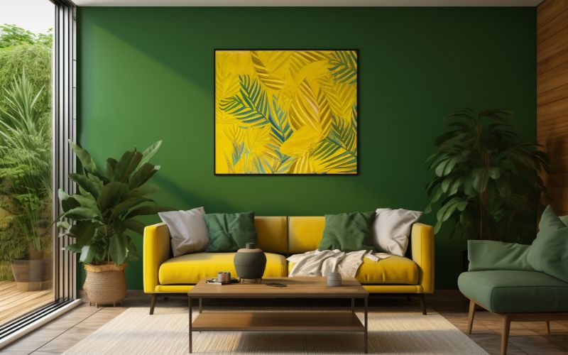 A vibrant living room with green walls and yellow furniture, showcasing a lively home painting.