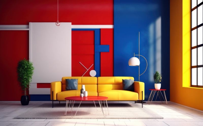 Colorful living room with yellow, red, and blue walls, showcasing vibrant home painting.