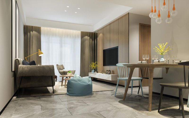 A contemporary apartment showcasing a spacious living room and dining area.